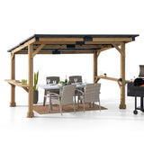 Sunjoy Wooden Grill Gazebo 10 ft. x 12 ft. Outdoor Cedar Frame BBQ Gazebo, Backyard Hot Tub Gazebo with Metal Hardtop Roof, Exclusive PowerPort and Bar Shelves Sunjoy