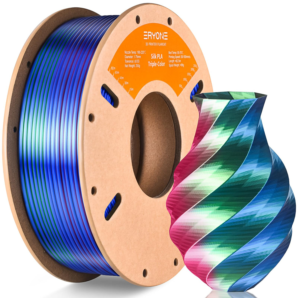 ERYONE Silk Tri Color PLA Filament 3D Printer 1.75mm +/- 0.03mm, Multicolor Filament Tricolor PLA 250G(0.55lbs) Cardboard Spool, Red Blue Green ERYONE