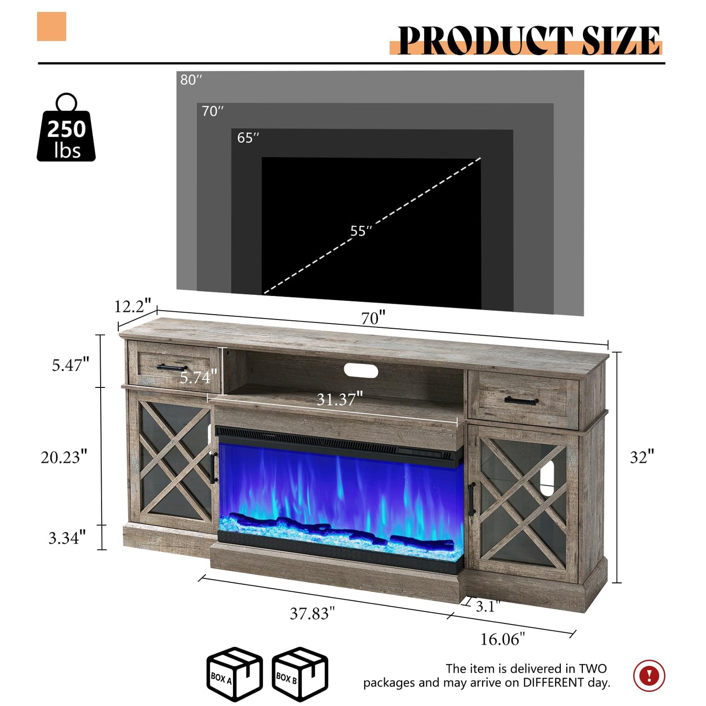 AMERLIFE Farmhouse LED Fireplace TV Stand with 3-Sided Glass Fireplace, 70" Large Entertainment Center for TVs up to 80", Rustic TV Console with Glass Door Storage for Living Room, Light Gray