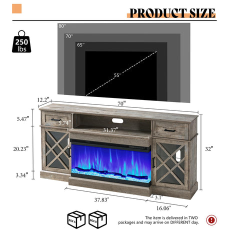 AMERLIFE Farmhouse LED Fireplace TV Stand with 3-Sided Glass Fireplace, 70" Large Entertainment Center for TVs up to 80", Rustic TV Console with Glass Door Storage for Living Room, Light Gray AMERLIFE