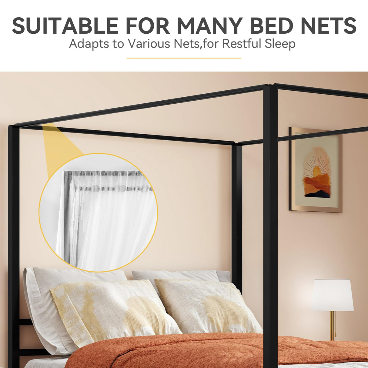 DWVO Canopy Bed Frame King, Four Poster Bed with Built-in Headboard, 14 Inch Platform Bed with Metal Slat, Noise Free, No Box Spring Needed, Black DWVO