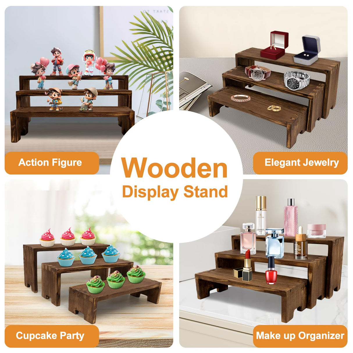 Varbonia 6-Piece Wood Display Risers Set - 2 x 3-Tier Rectangular Stands, Layered Aesthetic Shelves for Cupcakes, Jewelry, Craft Displays, Ideal for Funko Pops, Tabletop Exhibits Varbonia