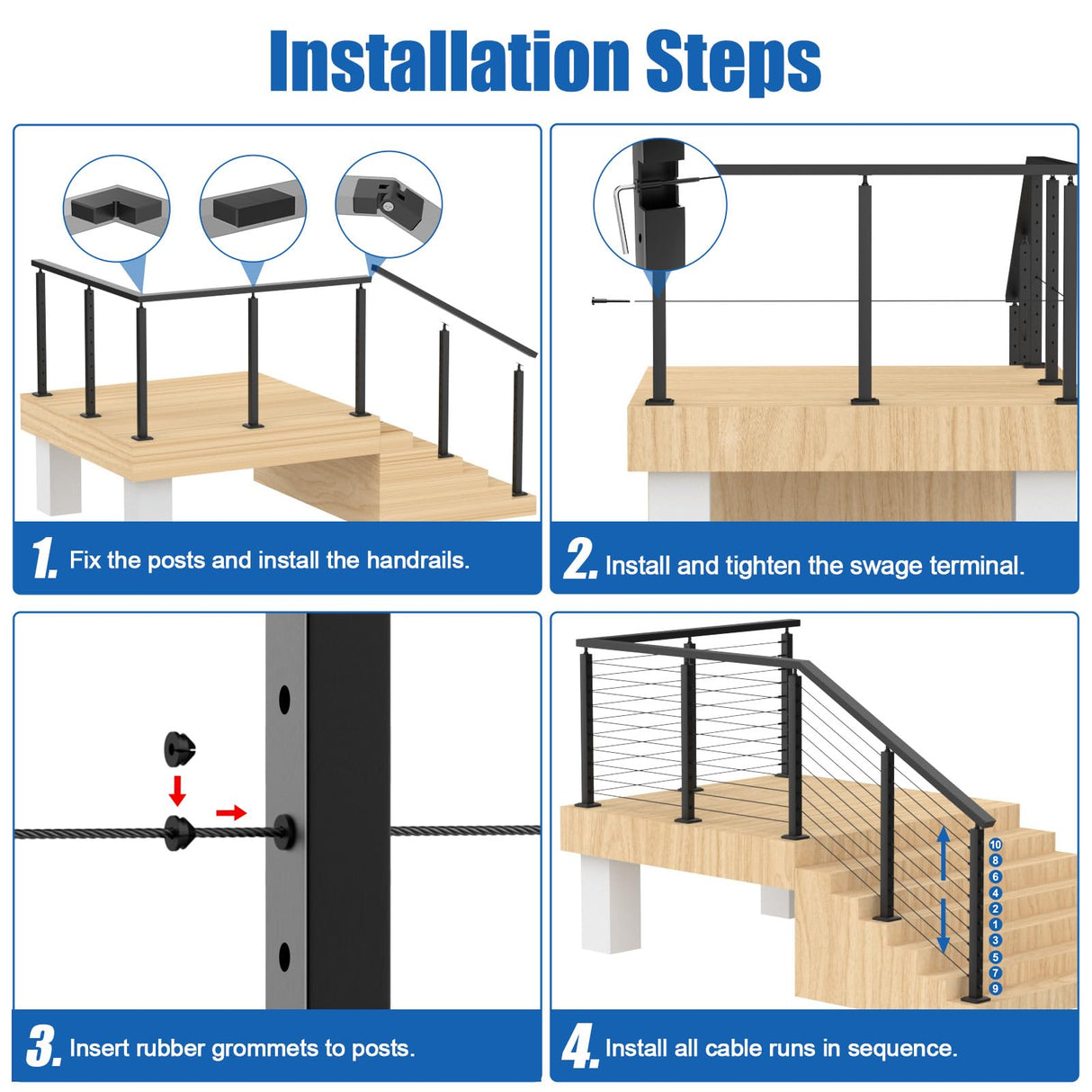 CKE 10-15ft Complete Set 36" Cable Railing Post Kit, 3Pack Adjustable Top Level Drilled Line Posts(35"x2"x2"), 220ft 1/8" Wire Rope, Black Swageless Invisible Cable Railing Kit (No Handrail) LPS01 CKE