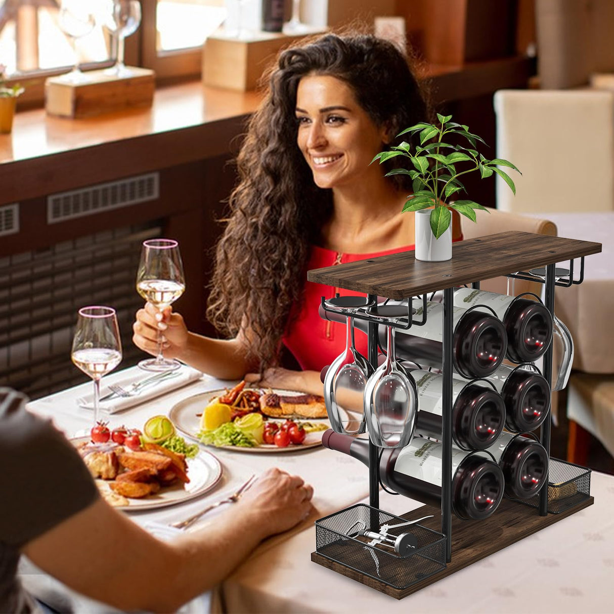 VyGrow Wine Rack, Sturdy Wine Holder, 3 Tier Wood & Metal Wine Racks Counertop, Easy Assembly Wine Bottle Holder for 6 Bottles and 4 Glasses for Home, 6.29" D x 16.14" W x 15.82" H VyGrow