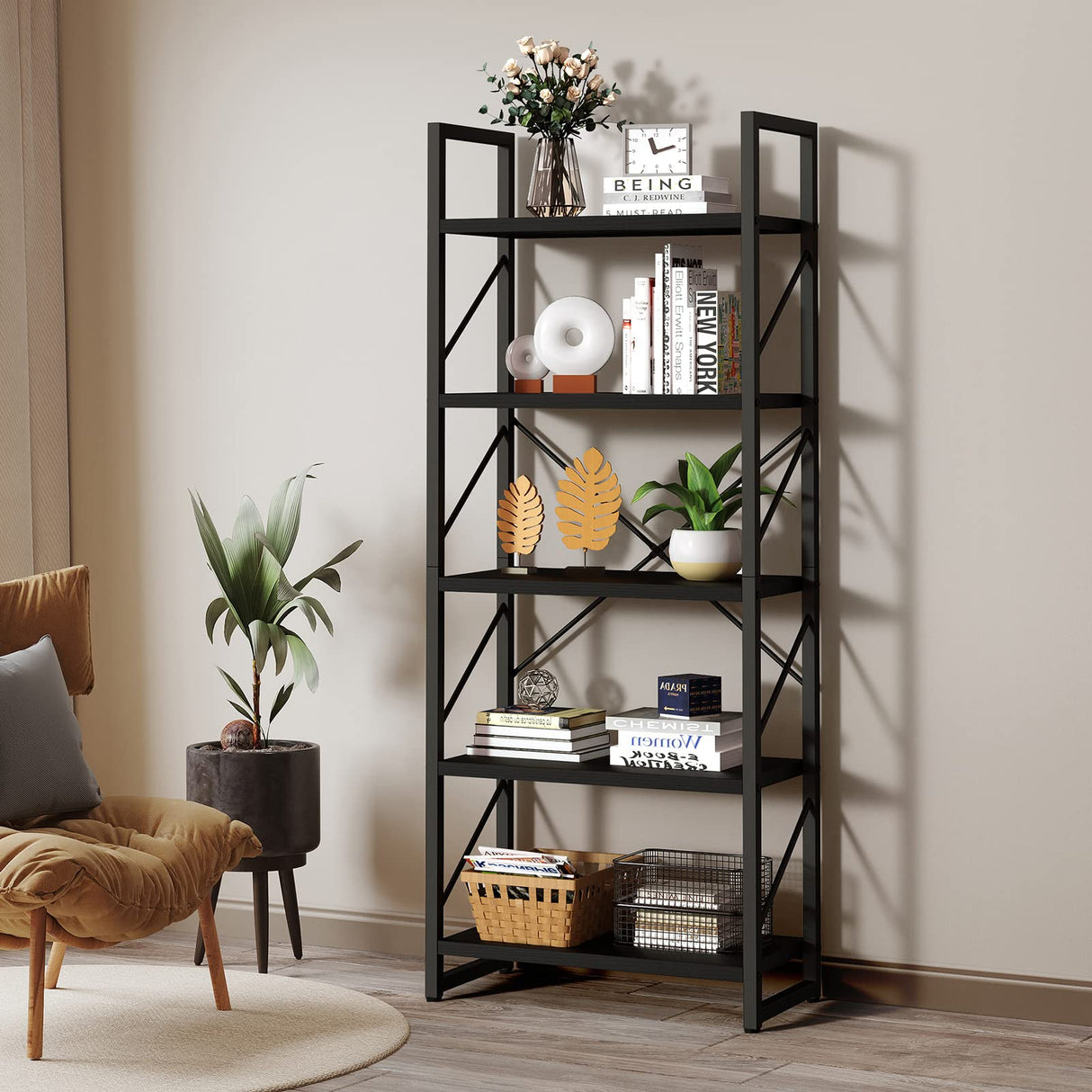 YITAHOME 5 Tiers Bookshelf, Artsy Modern Bookcase, Book Rack, Storage Rack Shelves Books Holder Organizer for Books/Movies in Living Room/Home/Office - Black YITAHOME