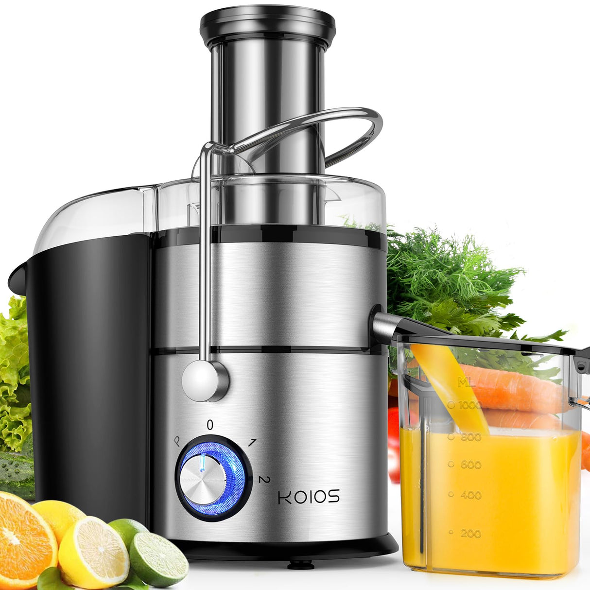1300W KOIOS Centrifugal Juicer Machines, Juice Extractor with Extra Large 3inch Feed Chute, Full Copper Motor, Titanium-Plated Filter, High Juice Yield, 3 Speeds Mode,Easy to Clean with Brush,BPA-Free KOIOS