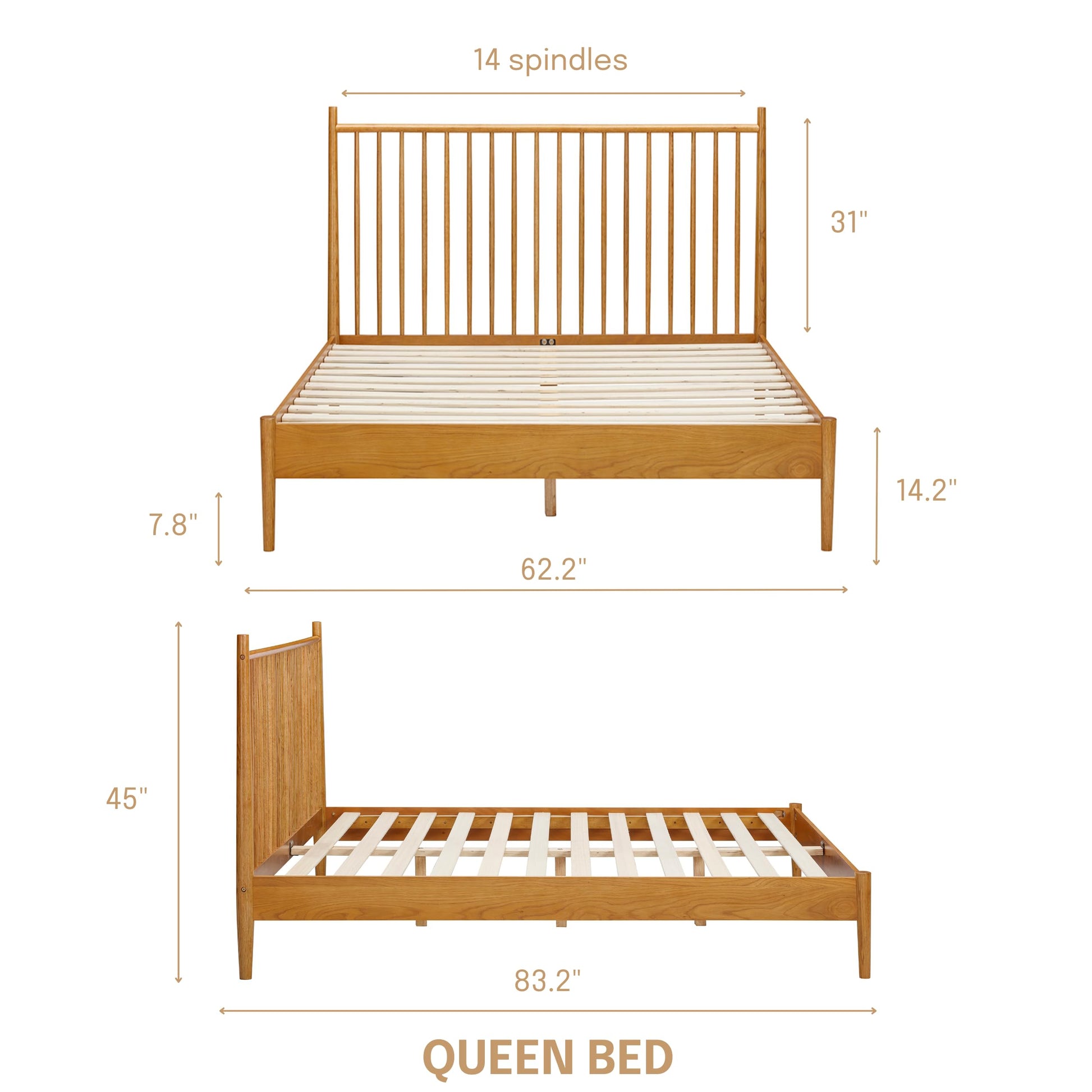 NTC Inno Rustic Oak Wooden Bed Frame with Headboard - Solid Construction, Silent Slats, Effortless Assembly, Queen Size - WoodArtSupply