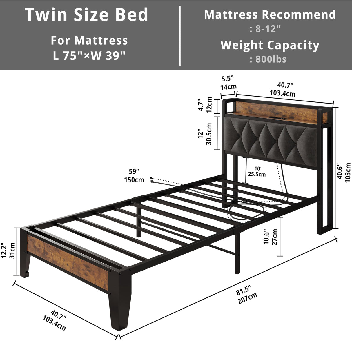 ANCTOR Twin Bed Frames, Storage Headboard with Outlets, Easy to Install, Sturdy and Stable, No Noise, No Box Springs Needed - Perfect for a Good Night's Sleep ANCTOR