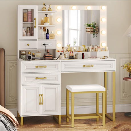 BTHFST Makeup Vanity Desk with Mirror and Lights & Charging Station & Makeup Stool, Vanity Table Set with Glass Top Storage Drawer & Beach & 3 Shelves for Bedroom (Modern White & Gold) BTHFST
