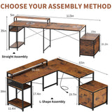 OtterOasis 66" L Shaped Desk with Wood Drawers, 113" 2 Person Desk with Printer Stand, Large Reversible L Shape Gaming Desk with Power Outlet, Brown Computer Desk with Power Outlet for Home Office OtterOasis
