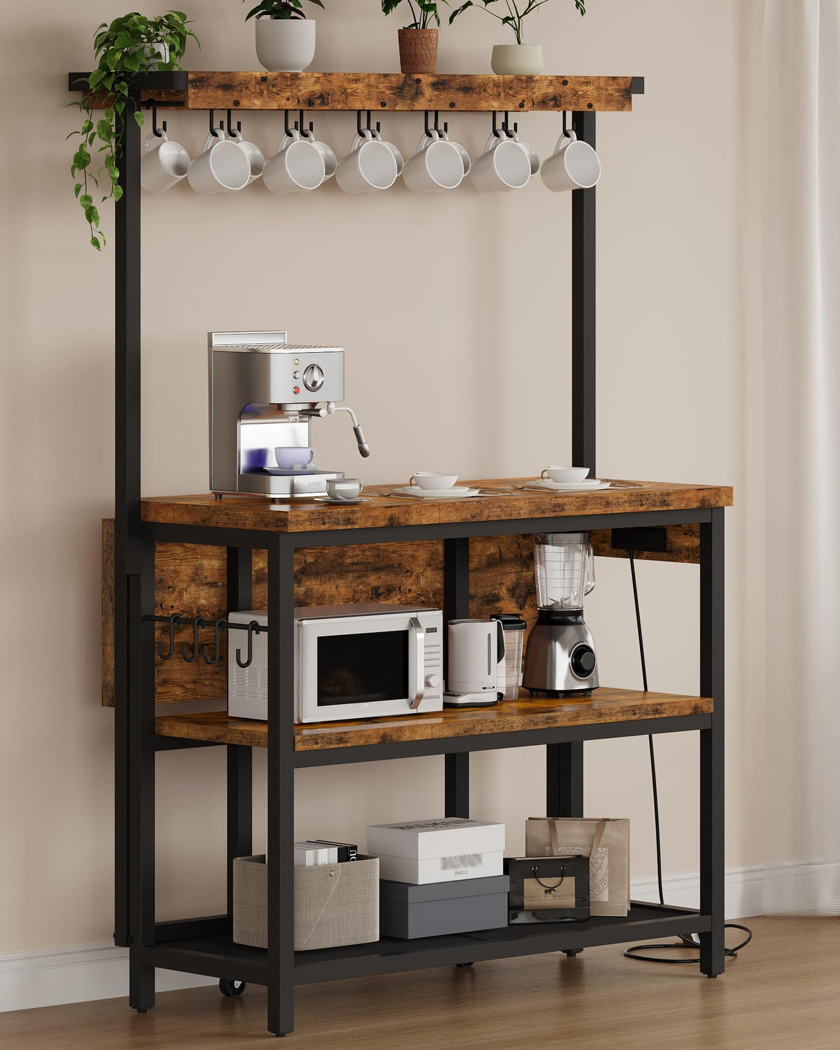 CHOEZON Kitchen Island with Power Outlet, Kitchen Island Table with Folding Top, Stationary Storage Islands, Coffee Bar with Outlets and USB Ports, for Dining Room, Rustic Brown and Black TZD01UBF CHOEZON