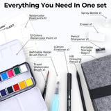 Funto Travel Watercolor Set, 12-Color Paint, 10 Premium Postcards, Brush, Brush Pen, Fineliner, Pencil, Painting Set for Adults, Beginner, and Artists Funto