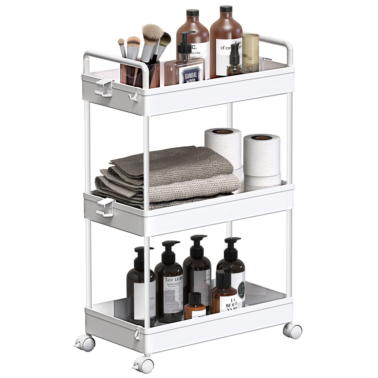 SOLEJAZZ Rolling Storage Cart, 3 Tier Utility Cart Mobile Slide Out Organizer, Bathroom Standing Rack Shelving Unit Organizer for Kitchen, Bathroom, Laundry Room, White SOLEJAZZ