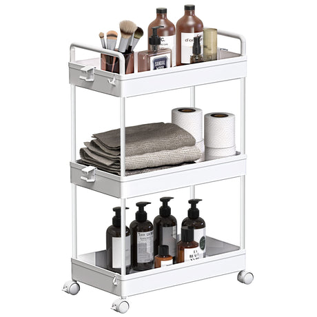 SOLEJAZZ Rolling Storage Cart, 3 Tier Utility Cart Mobile Slide Out Organizer, Bathroom Standing Rack Shelving Unit Organizer for Kitchen, Bathroom, Laundry Room, White SOLEJAZZ