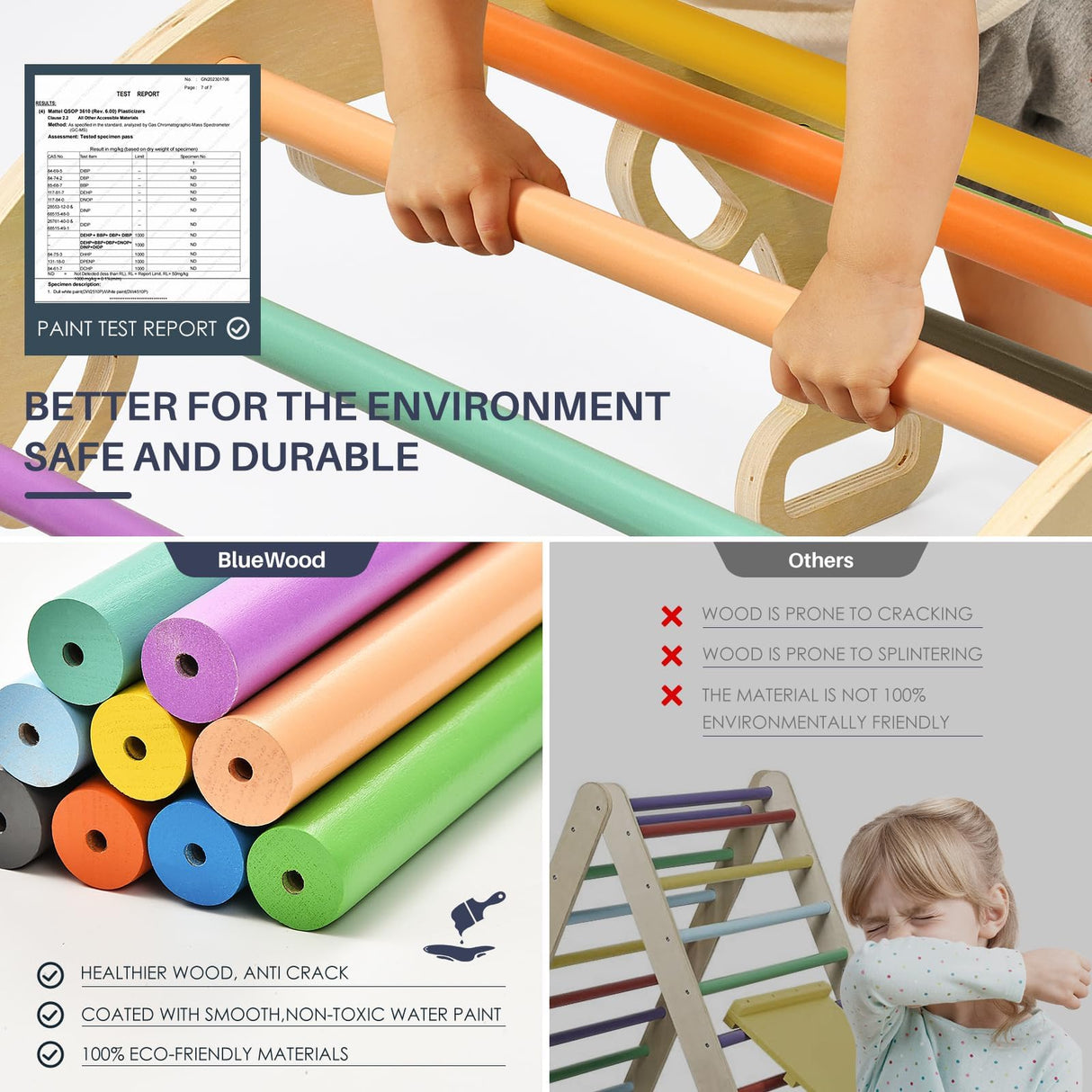 BlueWood Pikler Triangle Set, Foldable Wooden Climbing Toys Set, Indoor Playground Jungle Gym, Montessori Climbing Set for 2-6 Years Old, Toddlers, Baby, Kids (Rainbow) BlueWood