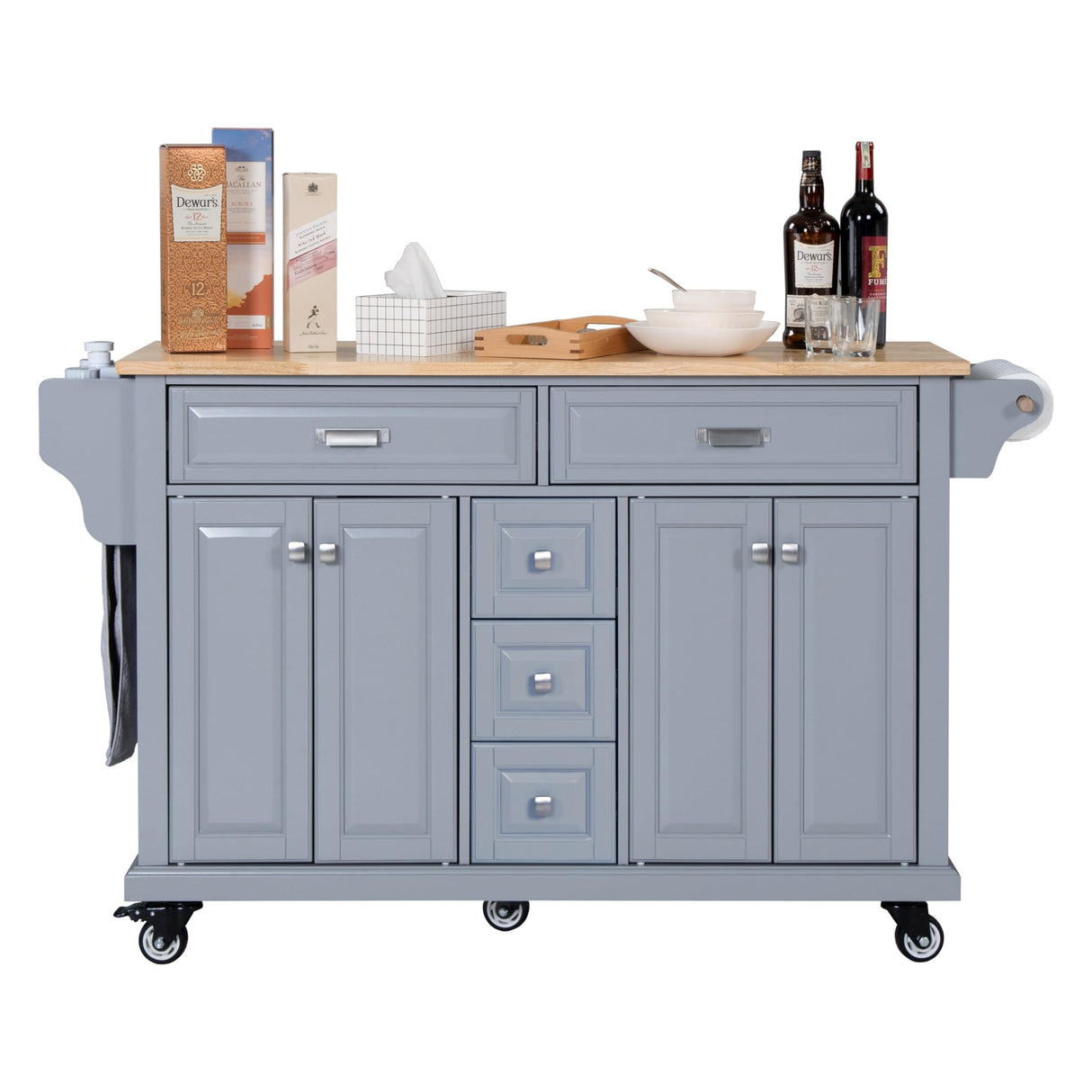 Generic 60.5"" Kitchen Island on Wheels, Rolling Island Table for Kitchen with Double Storage Cabinet and 5 Drawers, Portable Kitchen Cart with Rubber Wood Top, Grey, Large Generic