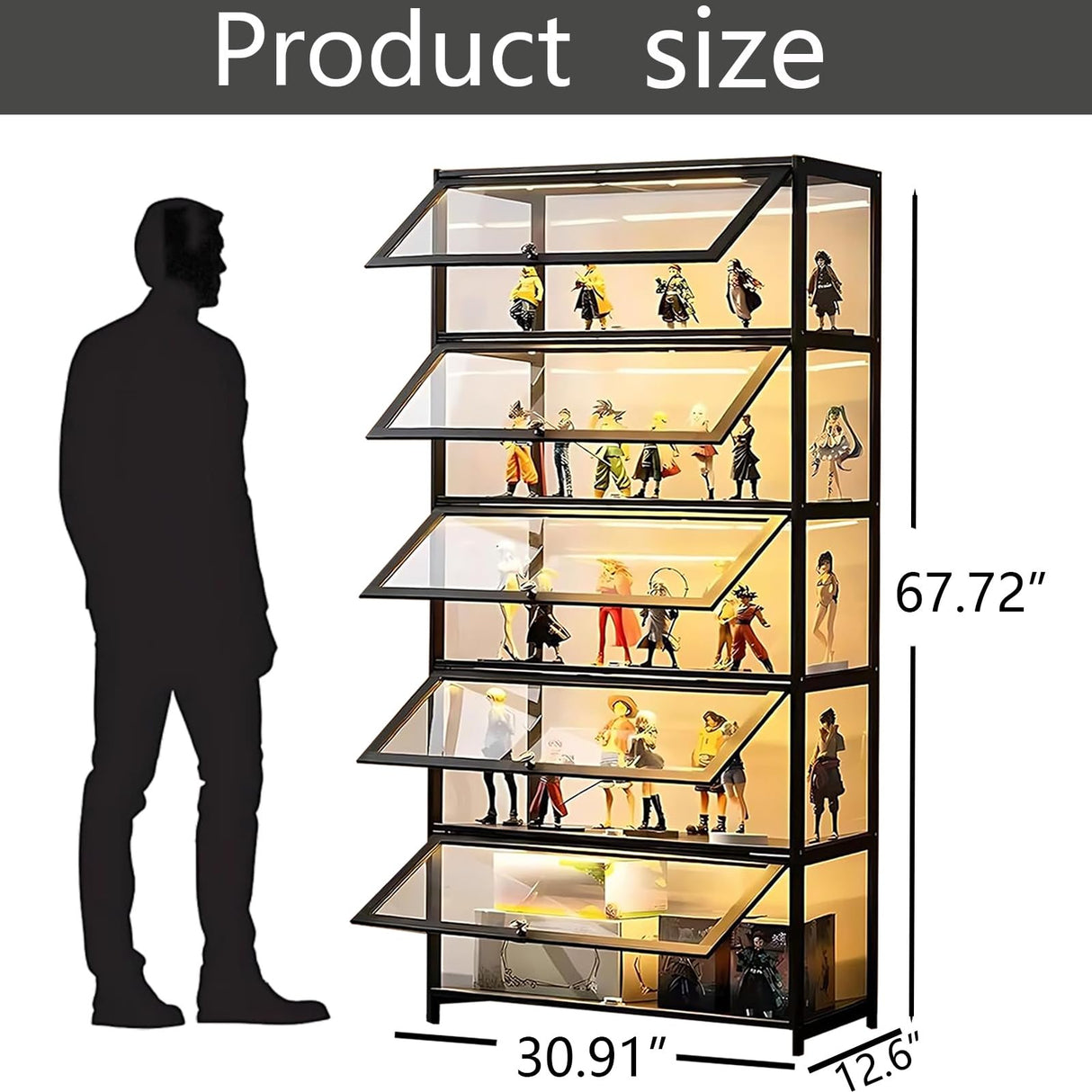 5-Tier Display Cabinet with Acrylic Doors, 67.5" Transparent Curio Display Case for Figures, Collectibles Toy Organizers Rack & Display Shelf, Kids Bookcase for Home, Office, Playroom, Living Room IHGSSKD