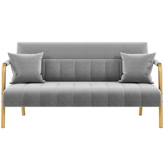 Yaheetech 56.5" W Modern Loveseat 2 Seater Sofa Luxurious Velvet Fabric Couch with Gold-Tone Metal Arms and Legs for Living Room, Home Office, Studio Light Gray