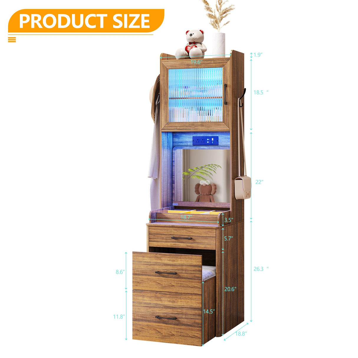 Vlsrka 70" H Vanity Desk with Mirror and Lights, Vanity Set with Hidden Stool, Drawers, Power Outlet, Makeup Dressing Table for Small Spaces, Brown Vlsrka