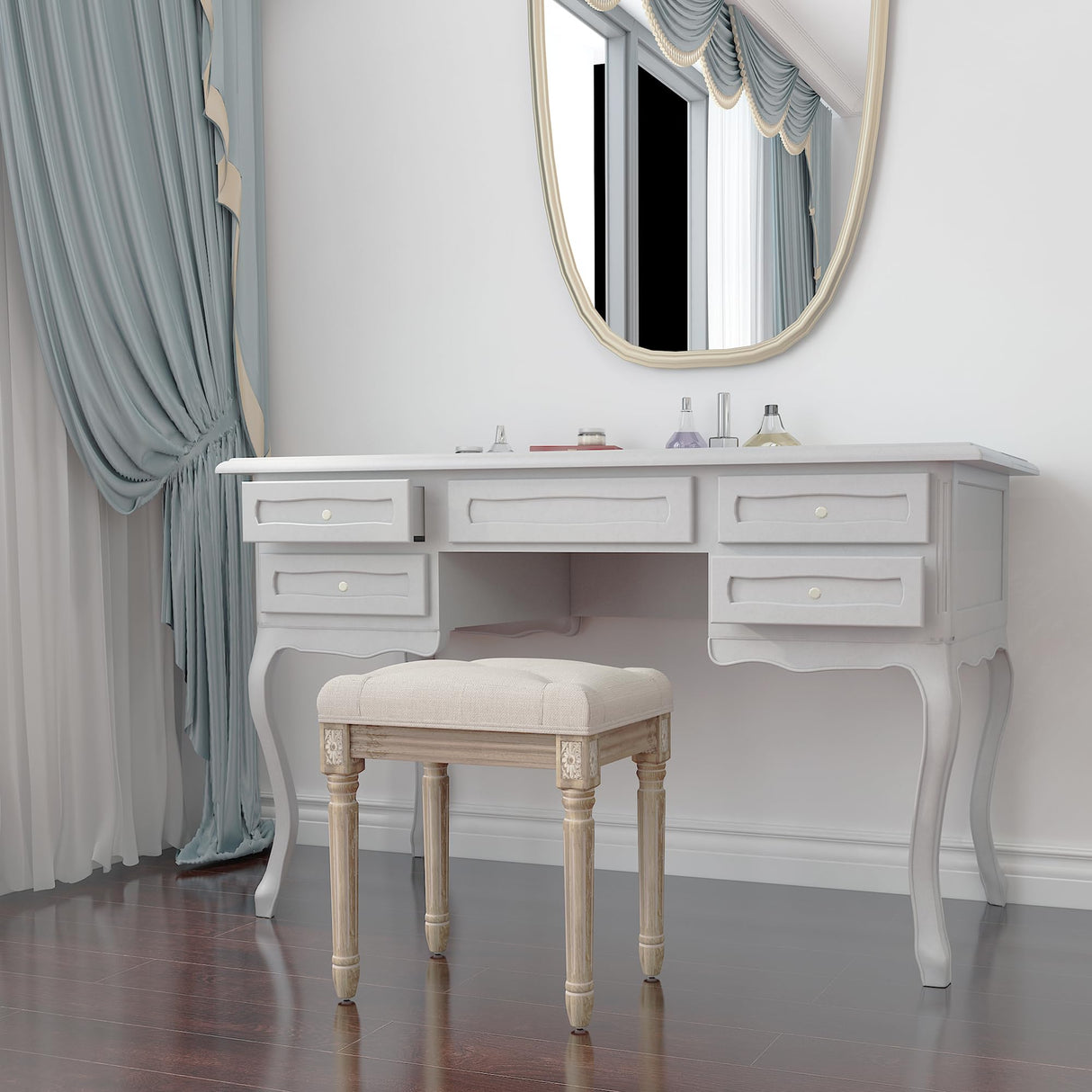 Yusong Vanity Stool Upholstered Bench Seat for Makeup Room, Vintage Small Bedroom Bench Dining Bench with Tufted Fabric for Living Room, Piano Stool with Rustic Wood, Easy Assemble,Beige Yusong