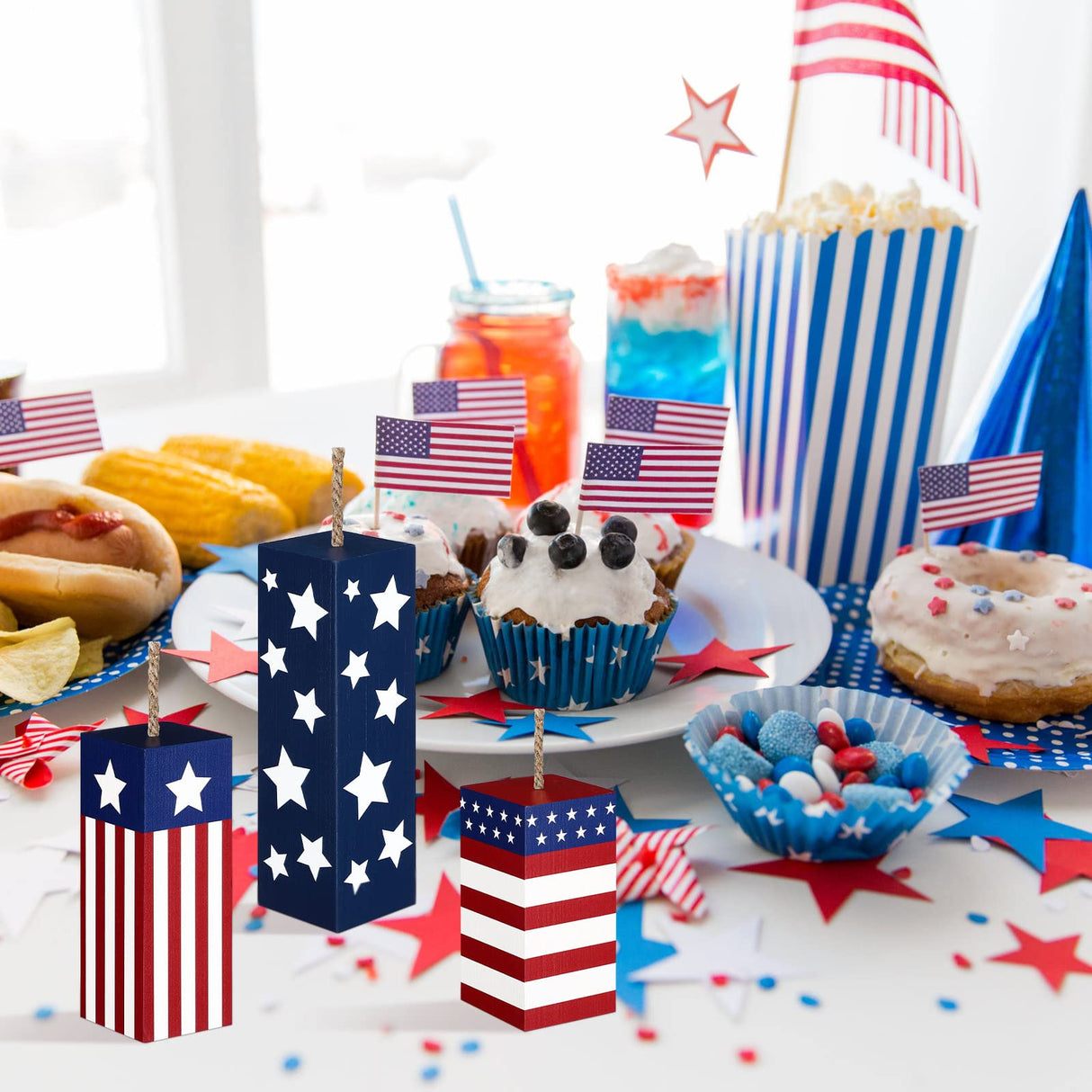 Weysat 3 Pcs Patriotic Wood Block Sign Memorial Day 4th of July Table Decor Glitter Red White Blue Star Signs Firework Tabletop Centerpiece American Flag Independence Day Tiered Tray Decor for Home Weysat