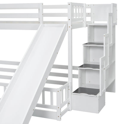 Twin Over Full Bunk Bed with Slide, Solid Wood Bunk Bed Frame with Storage Staircase and Safety Guardrails for Teens Adults,Low Loft Bed with Door Fence, Space Saving,No Box Spring Required, White