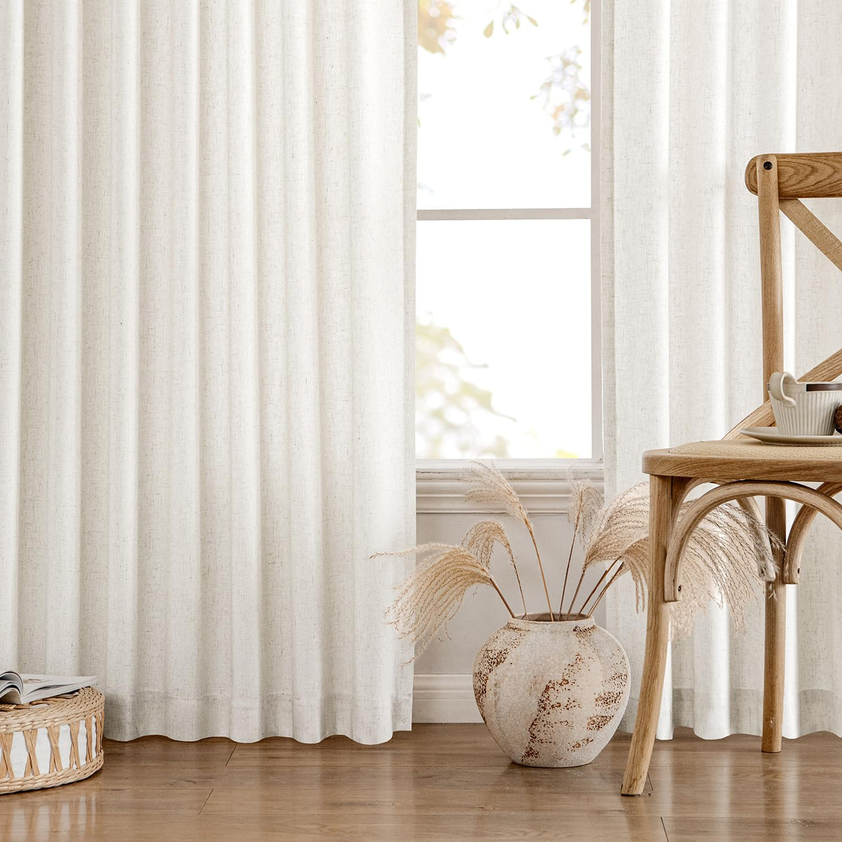MIULEE Non-See-Through Privacy Linen Curtains 2 Panels, Light Filtering Window Curtains Farmhouse Textured Back Tab Semi Sheer Drapes for Bedroom Living Room, 52 x 84 Inches Long, Natural White MIULEE