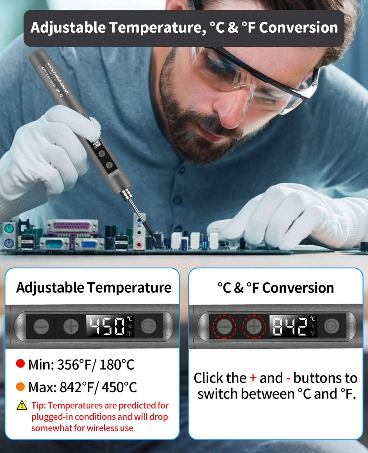 Cordless Soldering Iron Kit, Portable Cordless Soldering Iron, LCD Digital Adjustable Temperature Thermostatic Soldering Gun for Home Appliance Repair, USB Rechargeable - Grey Qyvorae