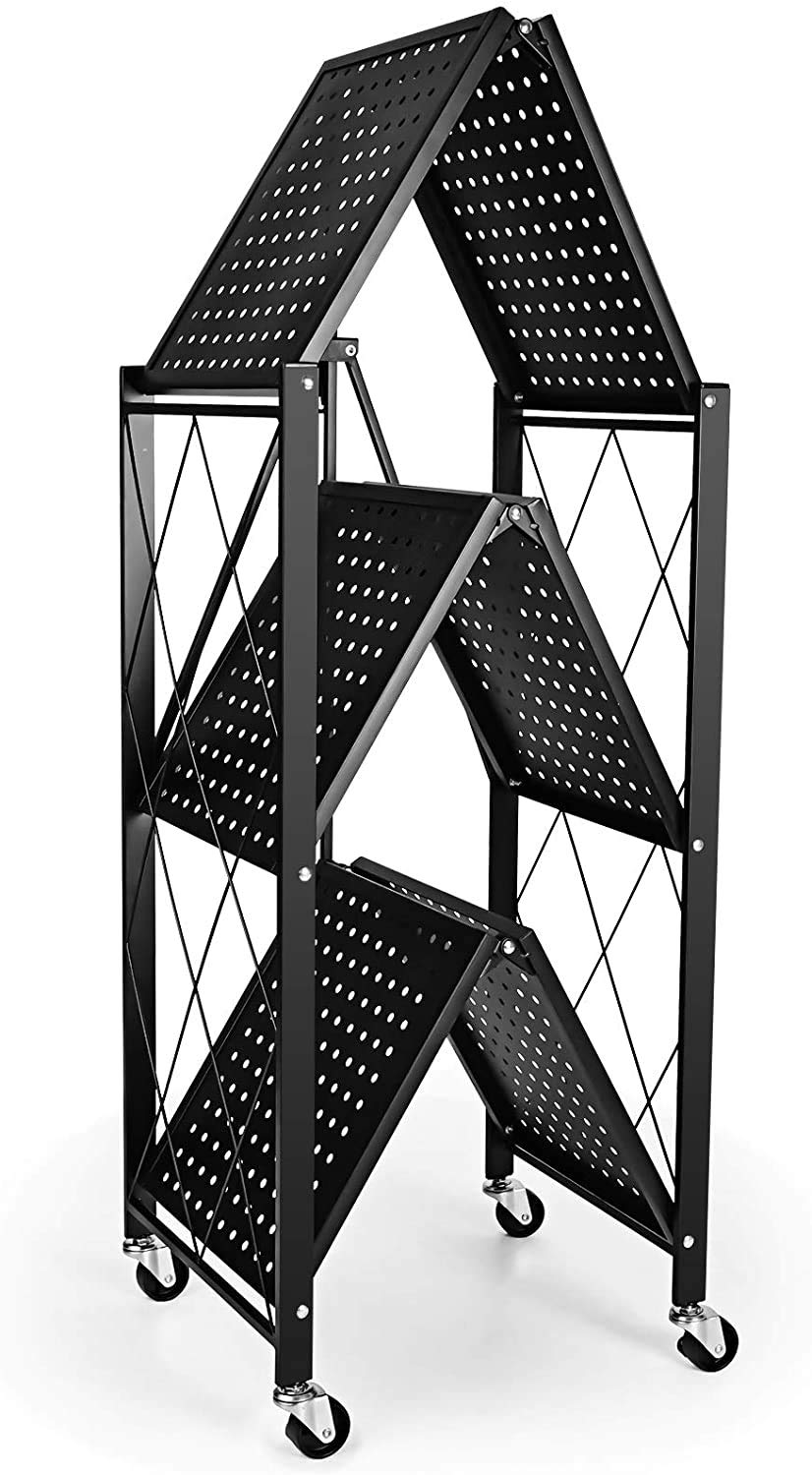 HealSmart Heavy Duty 3-Tier Foldable Metal Rack, 14.96" D x 27.95" W x 34.25" H Storage Shelving Unit 750 lbs with Wheels Moving Organizer Shelves for Garage Kitchen, Black HealSmart