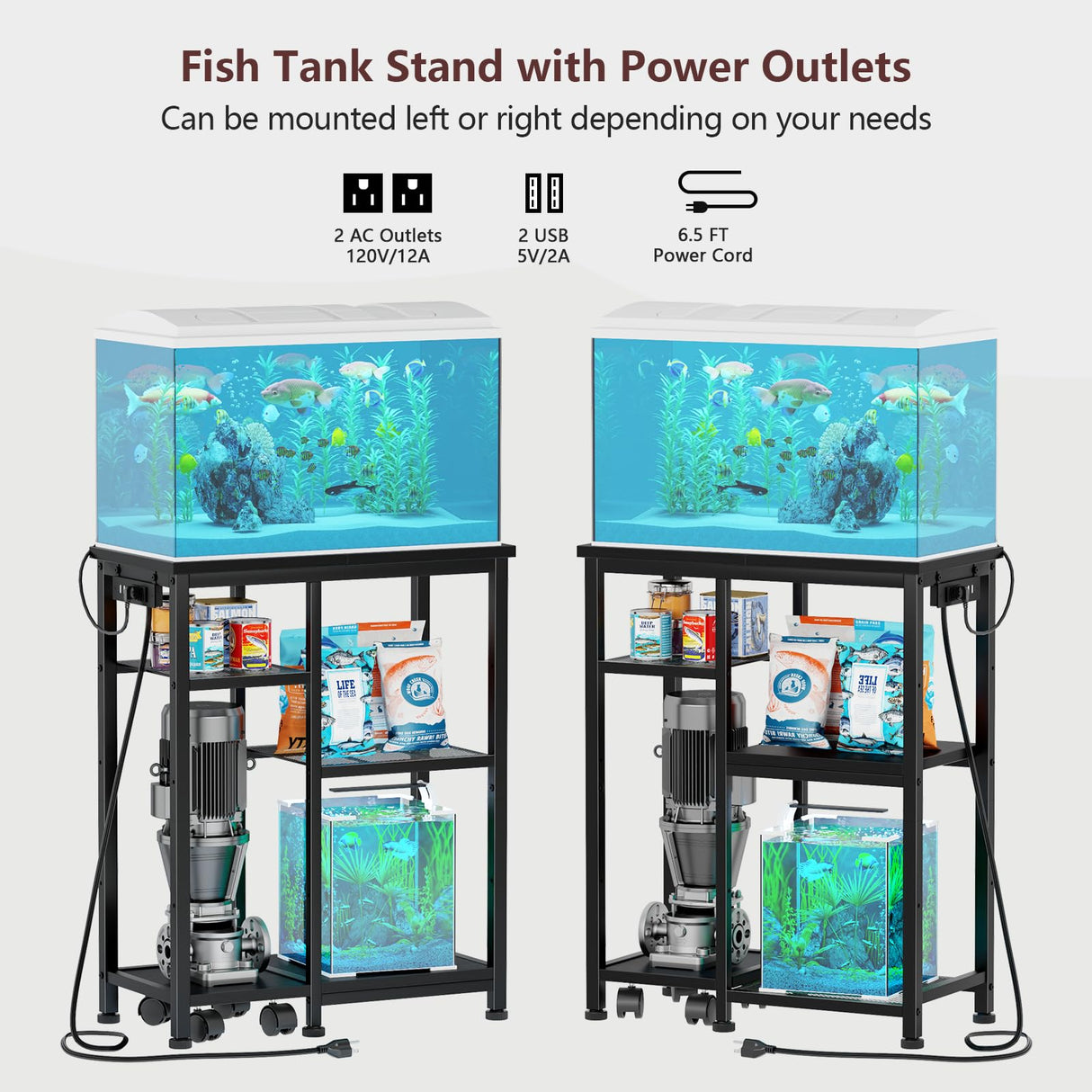 Aquarium Stand with Power Outlet, 3 Tiers Fish Tank Stand with Adjustable Storage Shelves & 4 Wheels for 10, 20 Gallon, 200LBS Capacity Terrarium Stand, Reptile Tank, Black, 24.8" x11.8" x 30.8" Korfile