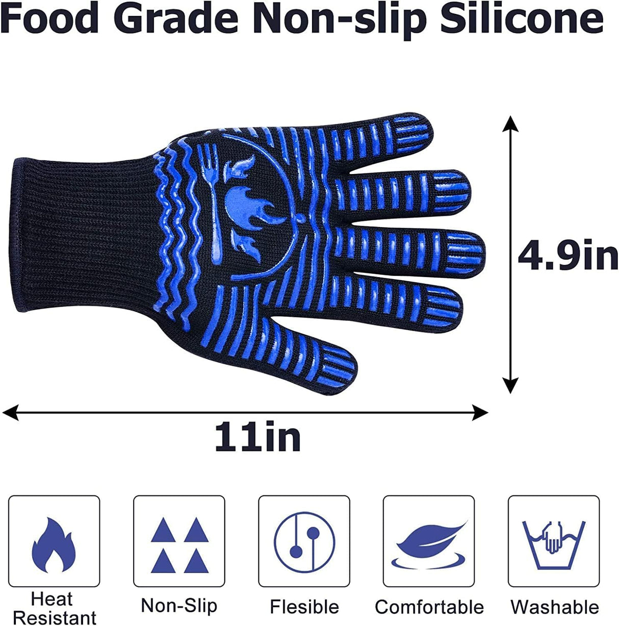Recoty BBQ Gloves, 1472°F Extreme Heat Resistant Grill Gloves, Non-Slip Food Grade Silicone Oven Mitts Gloves for Kitchen, Cooking, Barbecue, Baking, Smoker (11inch) Recoty