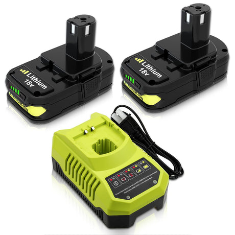 2-Pack 3.0Ah Replacement Battery and Charger Compatible with Ryobi 18V Lithium Battery P102 P103 P104 P105 P107 P109 P108 P190 P122 Boetpcr