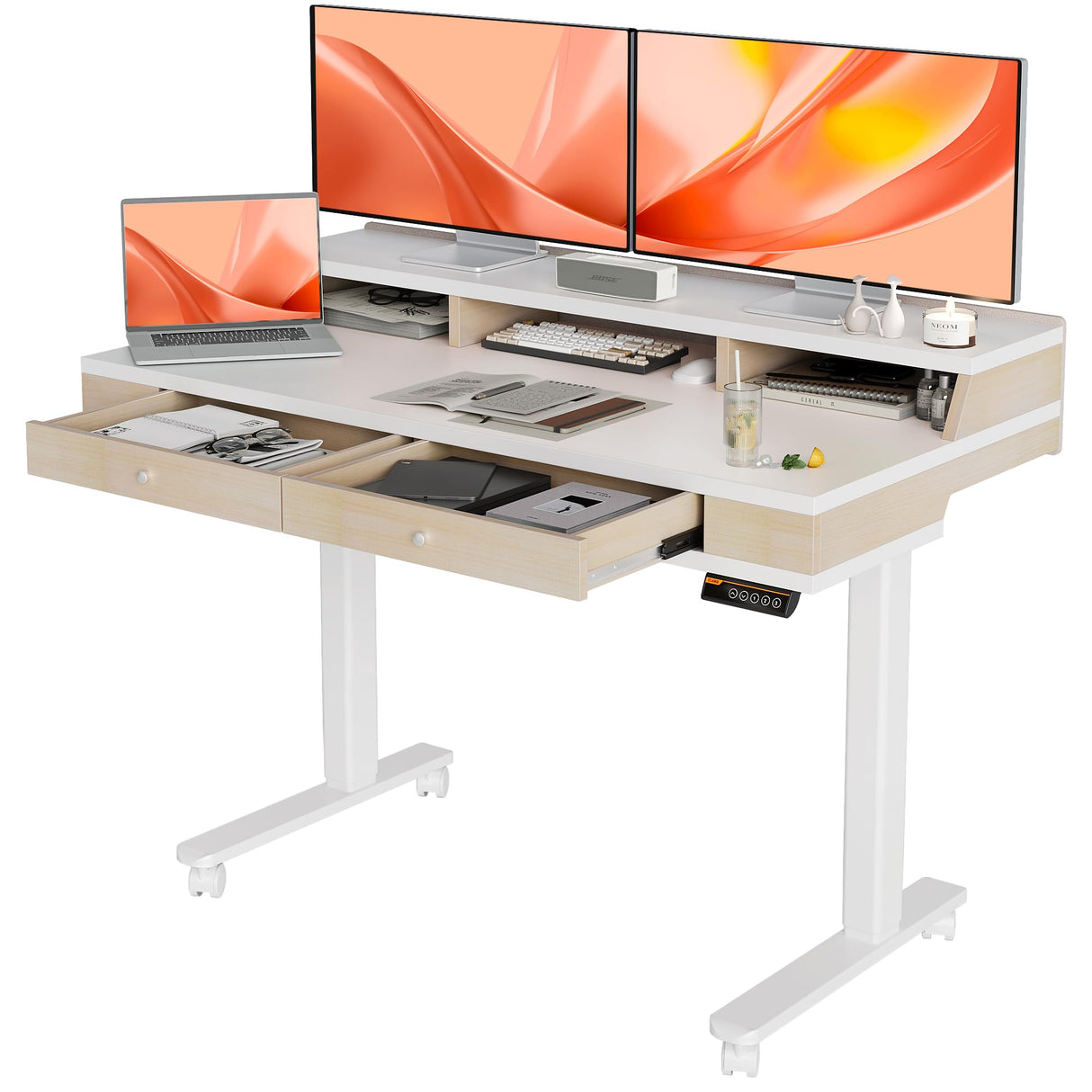 Claiks Standing Desk with Drawers, Electric Adjustable Standing Desk Adjustable Height, Sit Stand Up Desk with Storage Shelves & Wheels, 48 Inch White Claiks