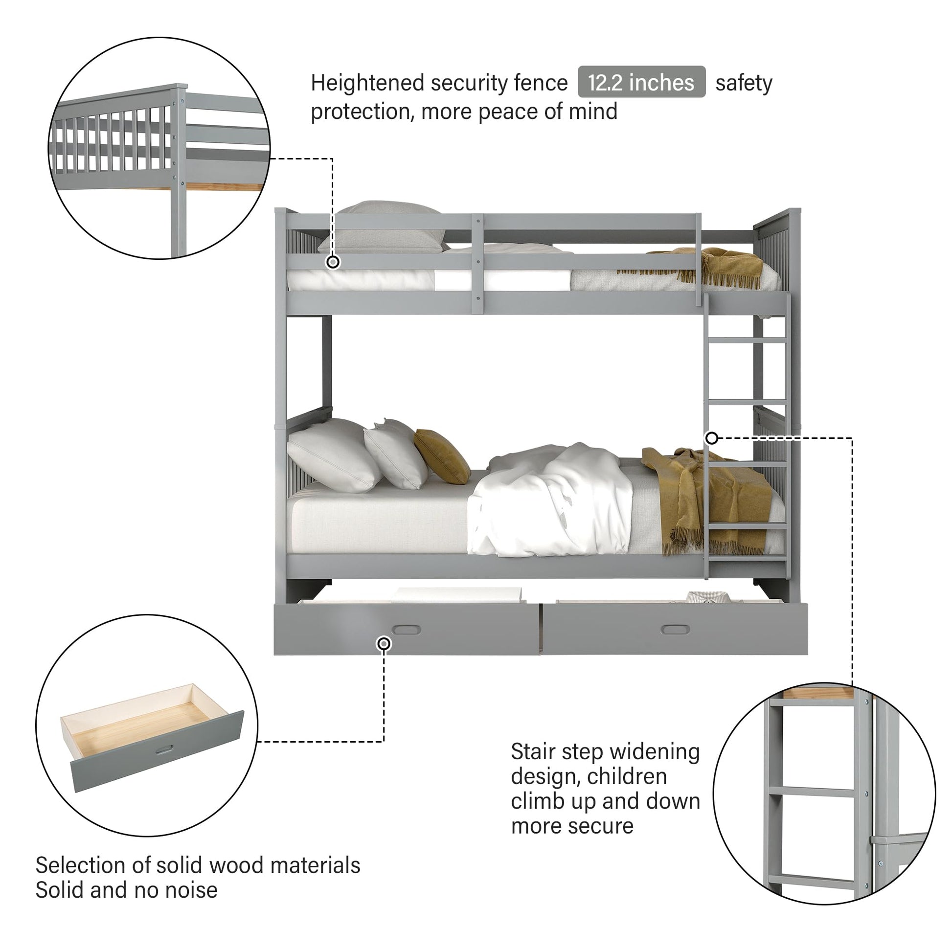 Merax Grey Solid Wood Convertible Bunk Bed with Storage Drawers and Ladders, Full Over Full - WoodArtSupply