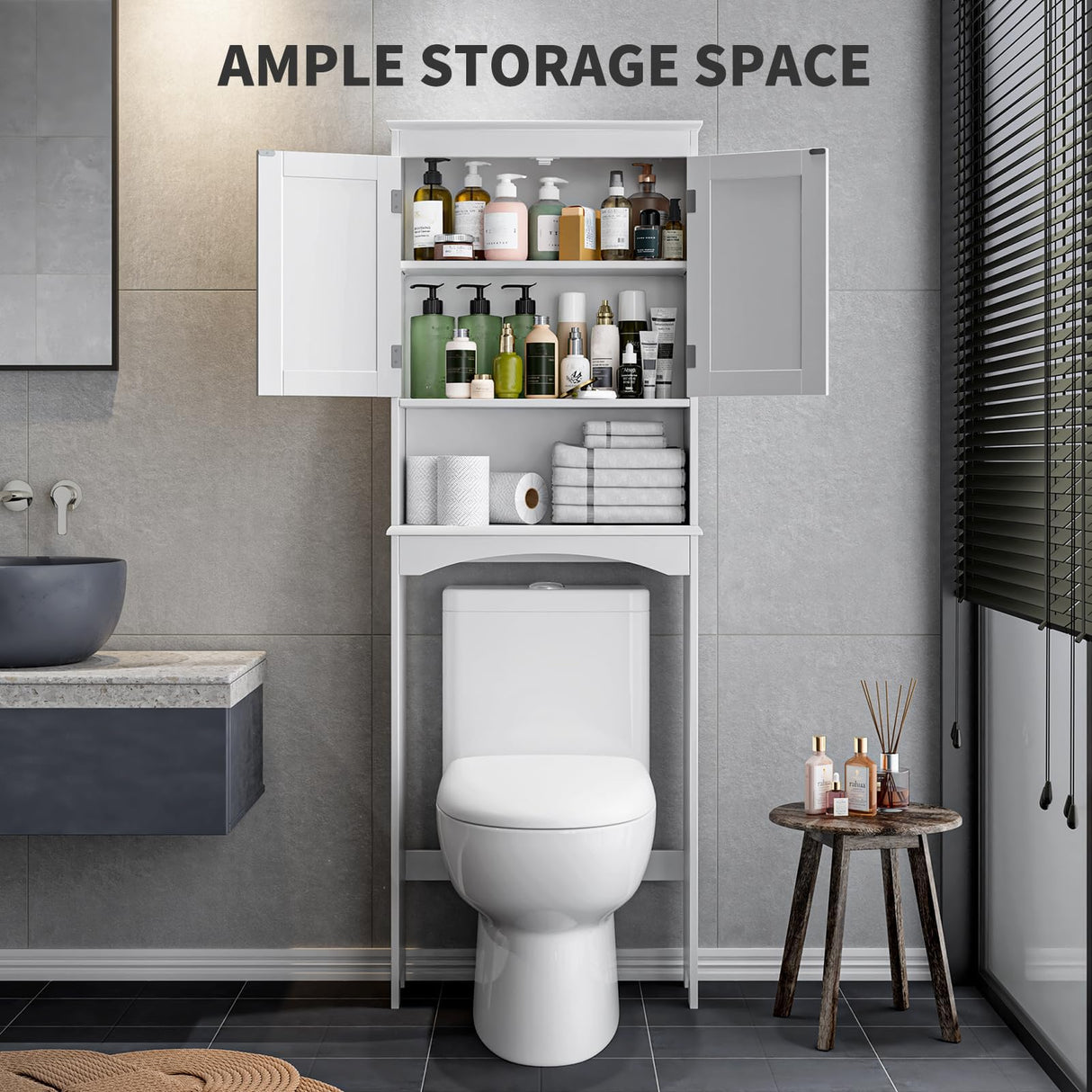 Bealife Over The Toilet Storage Cabinet with Open Shelf, Organizer with Adjustable Shelf and Double Doors,Over The Toilet Storage Shelf Free Standing- White Bealife