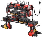 CCCEI Garage Tools Storage with Charging Station. Power Tool Battery Organizer Utility Shelf with Power Strip. 4 Drills Holder Wall Mount Rack, Black 3 Layer. CCCEI
