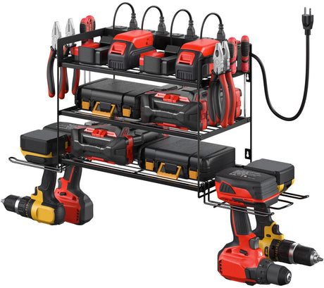 CCCEI Garage Tools Storage with Charging Station. Power Tool Battery Organizer Utility Shelf with Power Strip. 4 Drills Holder Wall Mount Rack, Black 3 Layer. CCCEI