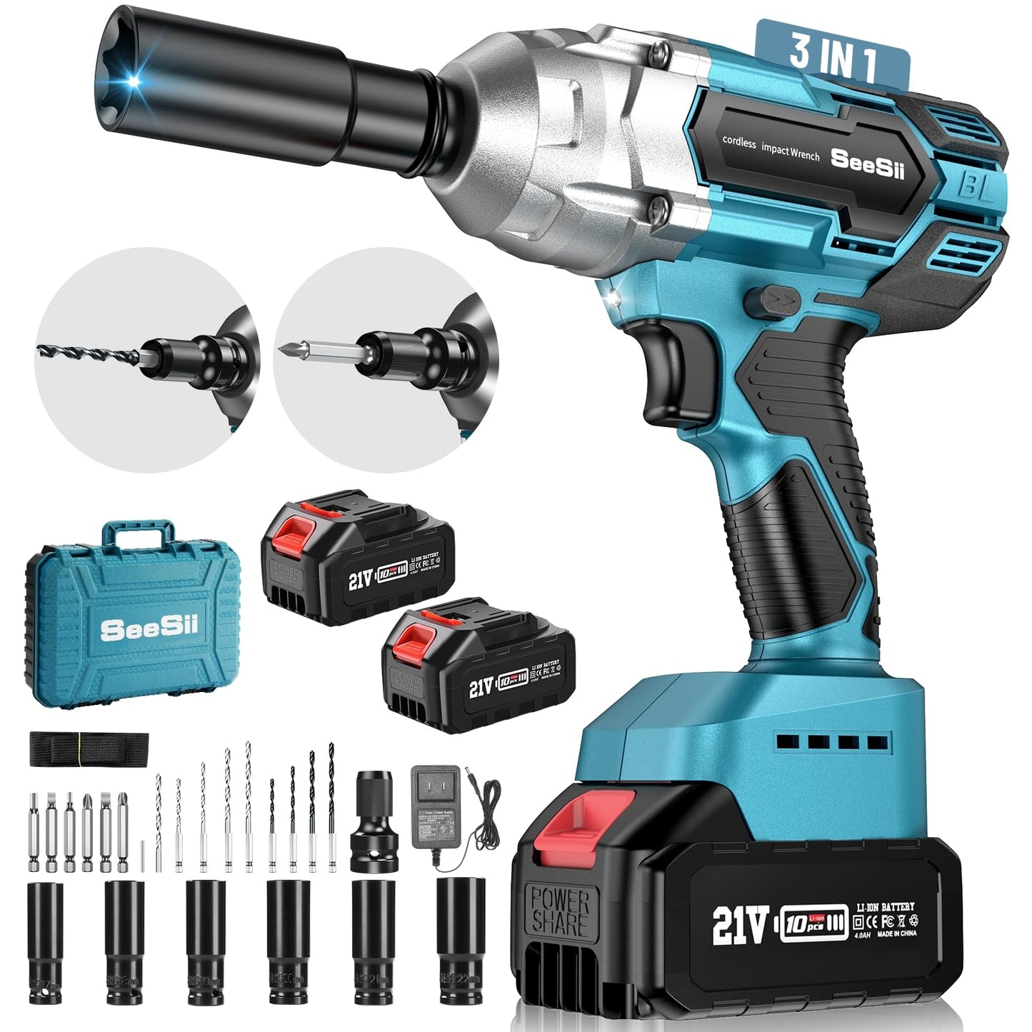 Seesii Cordless Impact Wrench, Brushless Impact Wrench 1/2 inch Max Torque 479 Ft-lbs(650Nm), 3300RPM w/ 2x 4.0 Battery, 6 Sockets,9 Drill,6 Screws, High Torque Power Impact Wrench for Car Ho - WoodArtSupply