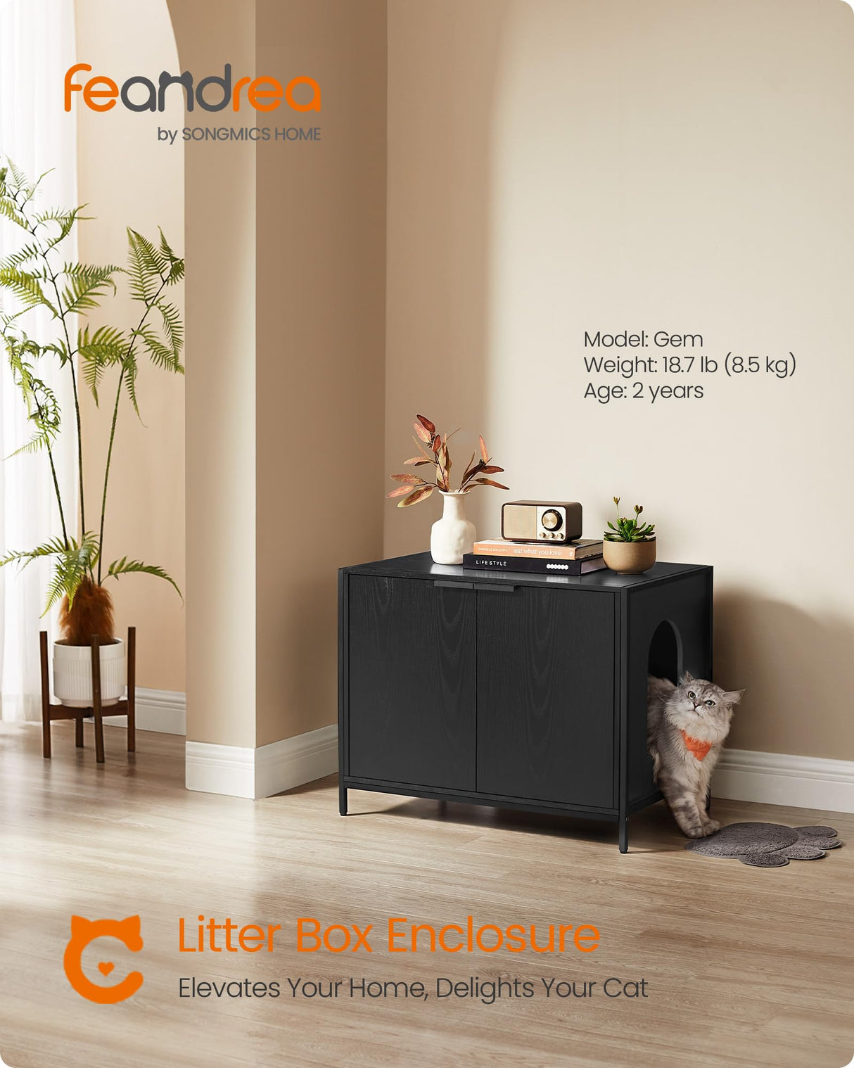 Feandrea Litter Box Enclosure, Modern Cat Litter Box Furniture Hidden, with Handles, Magnetic Locks, Cat House, Side End Table, 28.5 x 19.5 x 23 Inches, Ebony Black UPCL011B02 Feandrea