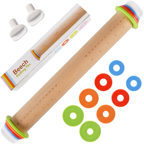 Yasashii Wood Rolling Pin With 4 Adjustable Thickness Rings, Non-stick Dough Roller For Baking, 17 Inch Pizza Roller For Kitchen supplies, Handle Press Design For Fondant, Pizza, Pie Crust, Cookie Yasashii