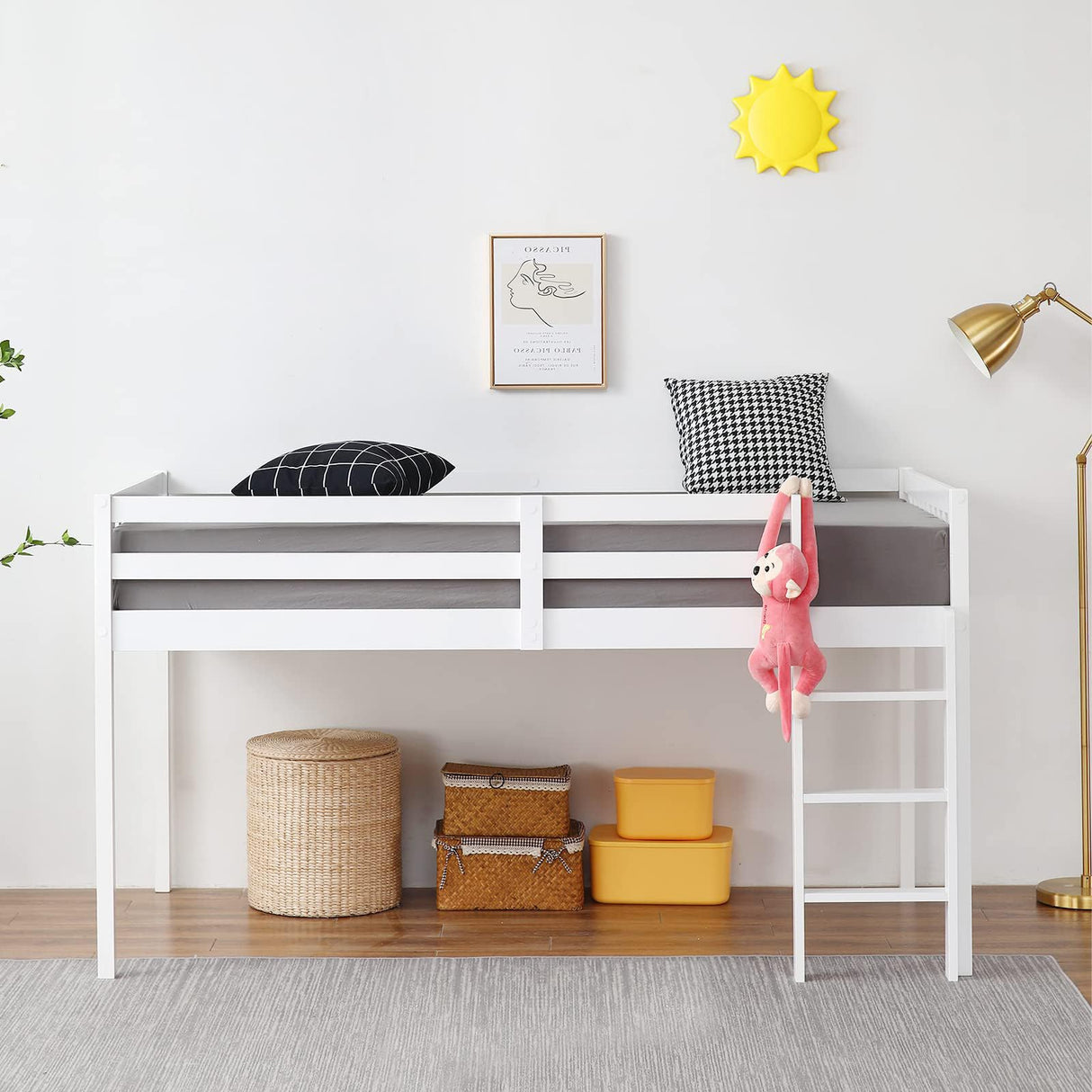 JOYMOR Low Loft Bed Twin Size, Wood Loft Bed Frame for Kids Junior Adults with Full-Length Guardrail and Ladder (Low Loft) JOYMOR