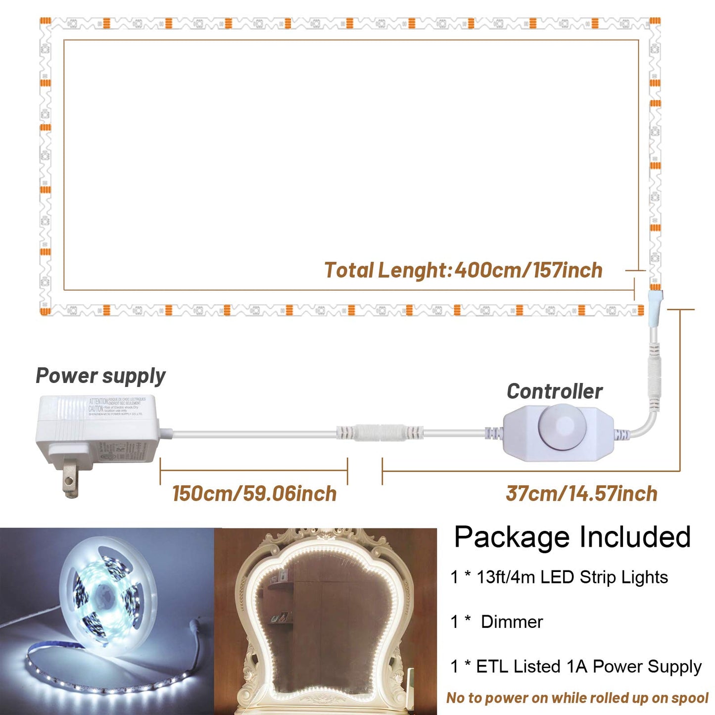 13ft/4M Led Vanity Mirror Lights Kit Bendable NO NEED TO CUT Vanity Make-up Mirror Cloakroom Adjustable Flexible Strip Light Table Set with Dimmer and Power Supply Mirror Not Included - WoodArtSupply