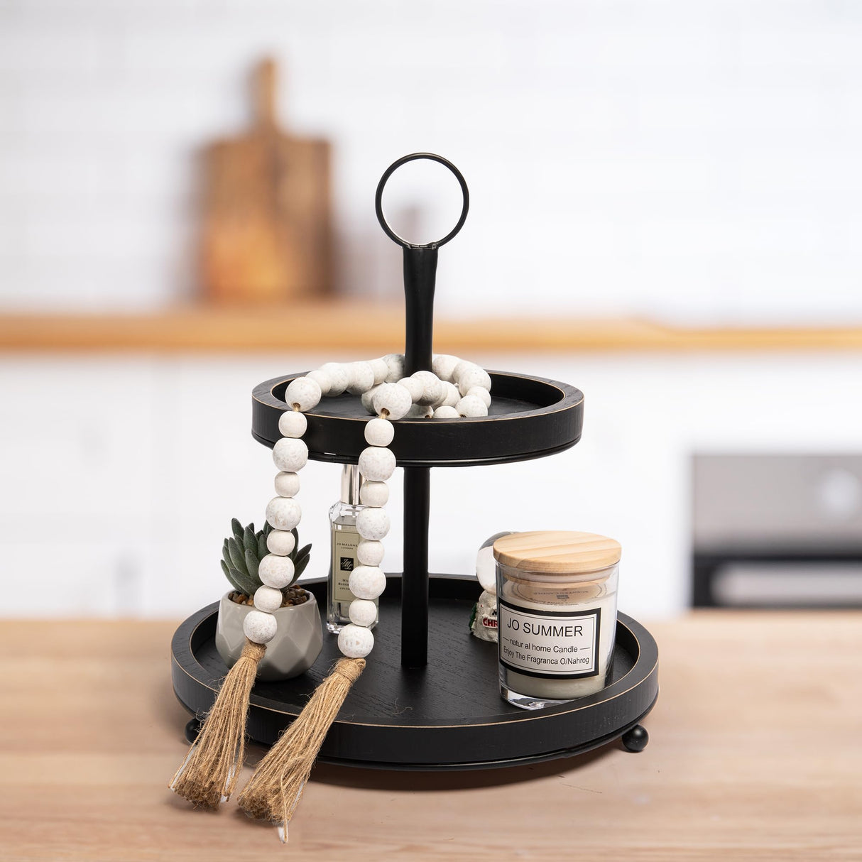 GENMOUS Black Farmhouse Tiered Tray Decor with Distressed Wood Bead Garlands, Wooden Tiered Tray Stand for Seasonal Display, Decorative 2 Tiered Serving Tray with Metal Handle for Rustic Home Décor GENMOUS & CO.