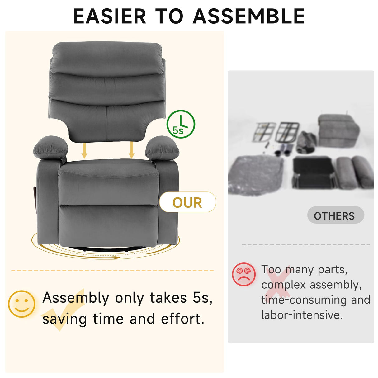 GNMLP2020 Swivel Rocker Recliner Chair for Adults, Rocking Chair Nursery, Manual Small Swivel Recliner Chairs for Small Spaces, Living Room, Nursery, RV, Light Grey GNMLP2020