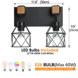 Farmhouse Vanity Light Fixture,2-Light Bathroom Lighting,Black Industrial Wood Wall Light Over Mirror with Metal Shade,LED Bulbs Included vivihobb