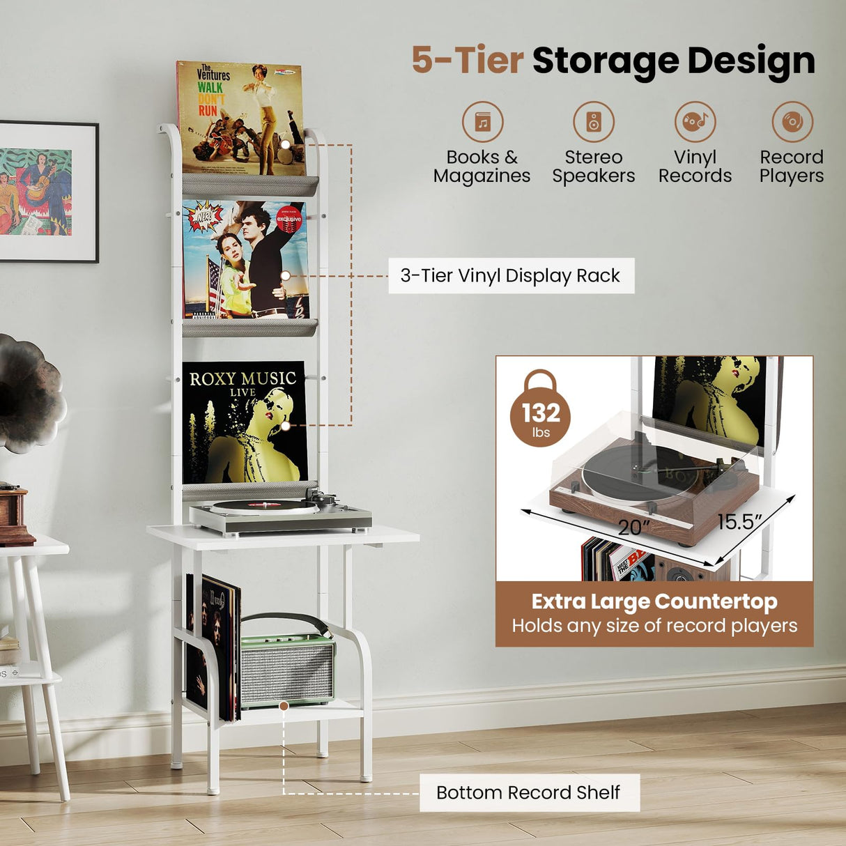 Giantex Record Player Stand with Vinyl Storage, 5-Tier Tall Turntable Stand with Record Holder Vinyl Display Shelf, Holds up to 200 Albums, Vinyl Record Storage for Living Room, Bedroom (White) Giantex