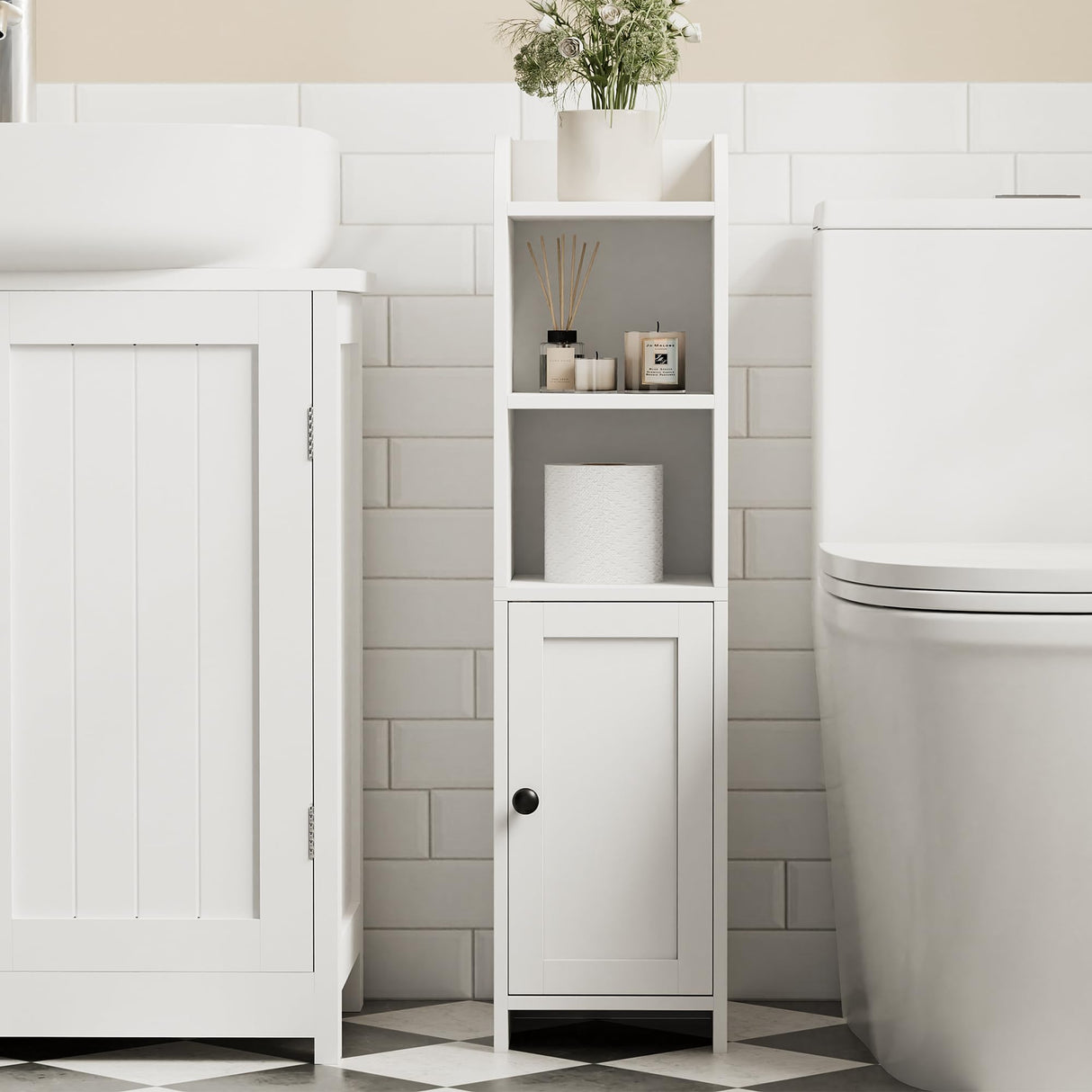 Homhedy Small Bathroom Storage Corner Floor Cabinet with Door and Shelves, Beside The Toilet Paper Stand for Skinny, Narrow Toilet Paper Cabinet, 9.8" D x 7.9" W x 31" H, White Homhedy