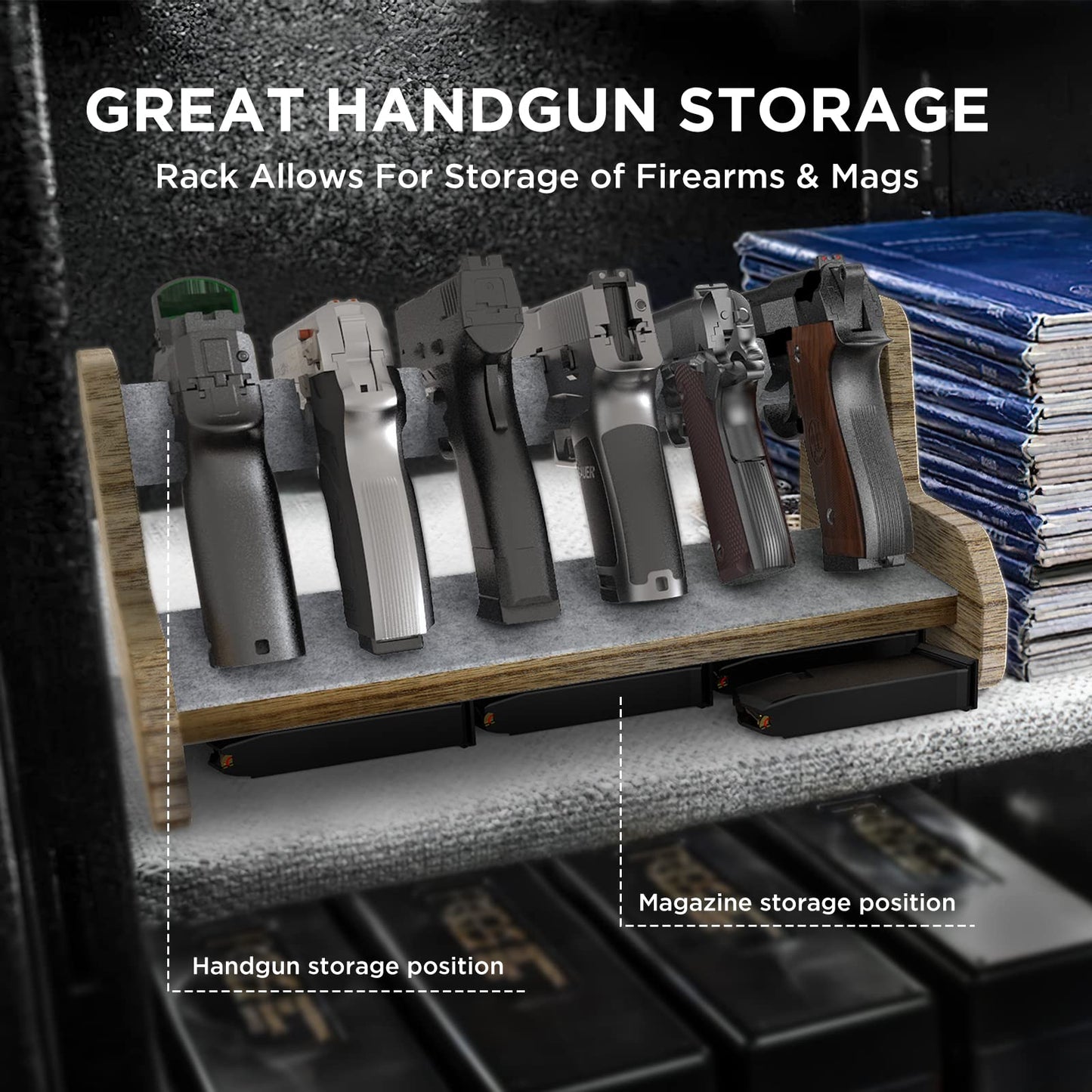 DINGDOON Pure Wood Made Pistol Rack, Handgun Rack for Gun Cabinet Storage, Gun Safe Organizer Accessories, 6 Gun Holder with Carpeted Surface - WoodArtSupply