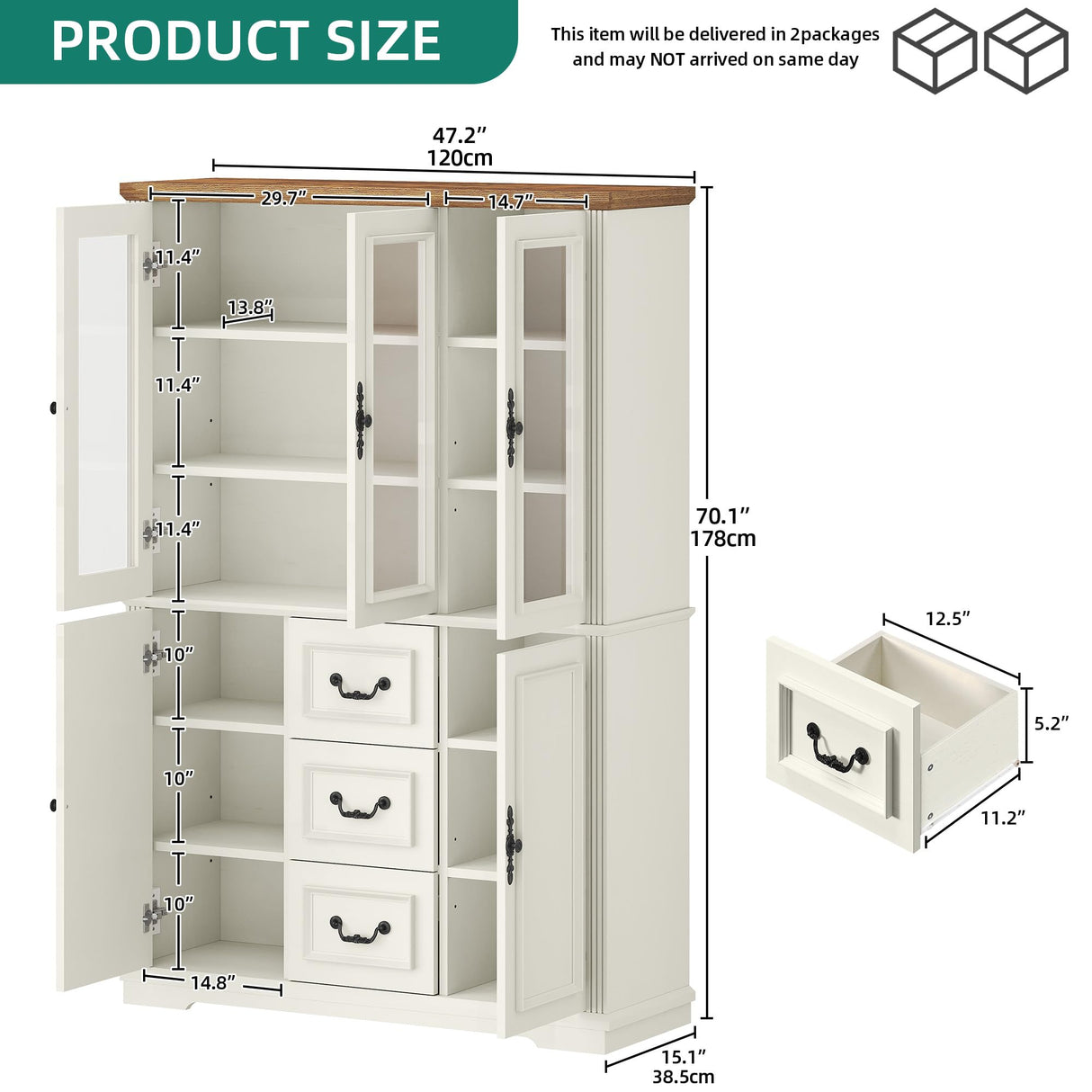 YITAHOME 71" H x 47" W Kitchen Pantry with 3 Drawers, Large Storage Cabinet with 3 Glass Doors & Adjustable Shelves, Freestanding Tall Display China Cabinet for Living & Dining Room, White YITAHOME