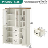 YITAHOME 71" H x 47" W Kitchen Pantry with 3 Drawers, Large Storage Cabinet with 3 Glass Doors & Adjustable Shelves, Freestanding Tall Display China Cabinet for Living & Dining Room, White YITAHOME
